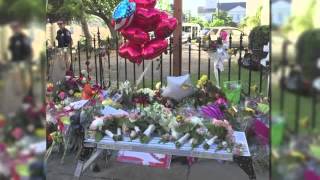 Bride places wedding bouquets at Charleston church memorial