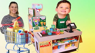 CALEB & MOMMY PRETEND PLAY SHOPPING with GROCERY STORE and FOOD TOYS FOR KIDS!