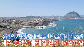 4K. 제주 송악산 둘레길 걷기. 산방산과 백록담이 보이는 오름. 형제섬. 가파도. 마라도 조망. 아름다운 제주 오름 송악산. Jeju Island. flowerseedy. 꽃씨