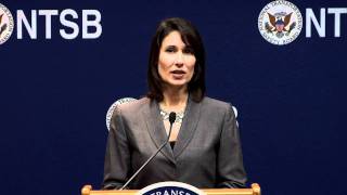 Chairman Hersman addresses media at the NTSB air race air show public hearing