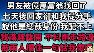 男友被億萬富翁找回了，七天後回家卻和我提分手，說他是總裁身份 我配不上，我識趣離開 不料剛走路邊，被兩人攔住一句話我傻眼！#枫林晚霞#中老年幸福人生#為人處世#生活經驗#情感故事#花开富贵