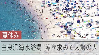 白い砂浜に広がるパラソルやテント　和歌山・ 白良浜