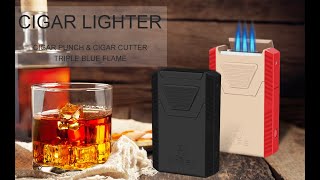 XIFEI Luxury Triple Flame Torch Lighter + Straight Cutter + 2 Cigar Punches, All in One Lighter