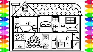How to Draw a Christmas House with Decorations 🎄❄️❤️💚Christmas Drawing and Coloring Pages for Kids
