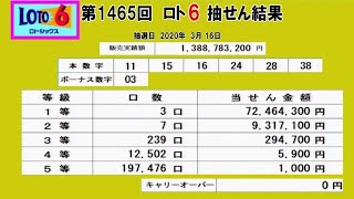 【ロト6】第1465回  抽せん結果！！　　※抽せん結果はもう一度、公式サイト等で確認願います。