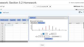 Binomial Probability Example in MyMathlab/MyStatlab using StatCrunch