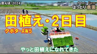 田植え2日目・あぜ問題の田んぼ　田んぼ・2024　220240503 クボタ・田植機　AW5 ミルキークィーンとキヌヒカリの混植栽培