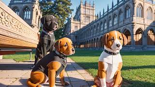 Two puppies in the city park  By a Gothic Library