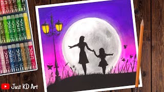 Mother & Daughter Moonlight Scenery Drawing with Oil Pastels | Mother's day Special Drawing
