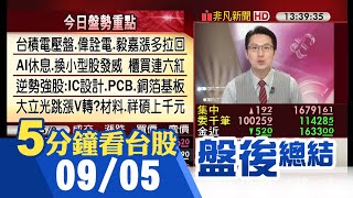 台積電壓盤.AI股休兵 PCB.IC設計領頭上攻 台股終場小漲1點 櫃買小兵立大功日K連6紅 蘋果飄香?大立光跳漲V轉 材料.祥碩儕身千金｜主播鄧凱銘｜【5分鐘看台股】20230905｜非凡財經新聞