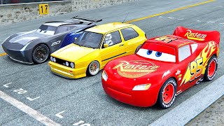 Lightning McQueen vs Volkswagen Gold GTI Monster 1992 vs Jackson Storm at Top Gear Track