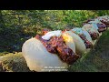 bushcraft pork belly bao buns made from scratch in the forest asmr cooking outdoors