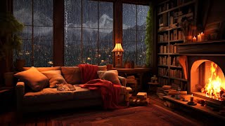 Rainy Night on Window with Crackling Fireplace & Wind Sounds for Sleep