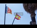 slow motion shot of flags of valencia and spain by palm tree in valencia spain.