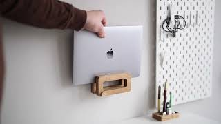 Unique 2 in 1 vertical wall-mounted wood laptop holder or desktop stand.