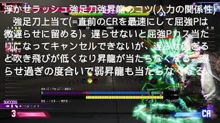 浮かせラッシュ強足刀強昇龍のコツ(入力の関係)　強足刀上当て(=直前のCRを最速にし強Pは微遅らせに留める)。DI貼付/パニ　フル3340/3500  1CR3160/3300 中波2840/3000