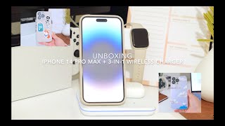 iPhone 14 Pro Max Silver Unboxing with 3-in-1 wireless charger for Apple Watch and AirPods aesthetic