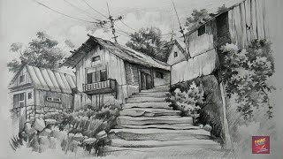 How To Draw and Shade Old Wooden Houses With Pencil