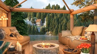 Spring Cozy Terrace Ambience with First Birdsong, Lake Waves and Relaxing Crackling Fireplace
