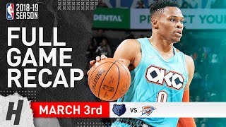Memphis Grizzlies vs Oklahoma City Thunder - Full Game Highlights | March 3, 2019 | 2018-19 Season