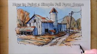 Line and Wash Fall Farm and shadows in Watercolor Lesson. Great for beginners. Peter Sheeler