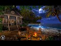 Cozy Beach House | Night Ambience | Campfire, Ocean Waves & Tropical Nature Sounds