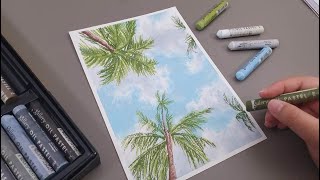 오일파스텔로 야자수가 있는 풍경 그리기/Oil pastel drawing with palm trees and sky