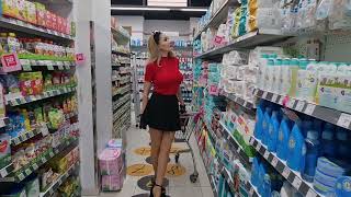 4k Granate styling, walking in public, #Vienna, #Austria, shopping products, miniskirt, high heels