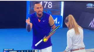 Kyrgios gets furious at the chair umpire and smashes his racquet right in her face. #AusOpen #Round2