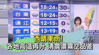 西晴東雨! 各地高溫再升 清晨濃霧空品差｜TVBS新聞