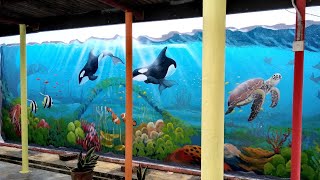 Underwater scenes fantasy mural PAINTING on wall | melukis | menggambarkan pandangan dasar laut