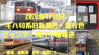 2020年4月8日　ミャンマー向け甲種輸送　キハ40系4両新潟色　急行色　新津　東新潟　豊栄　藤寄で撮影してみました