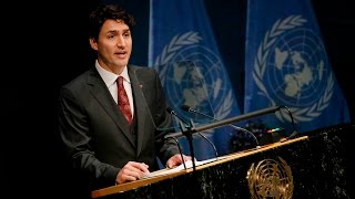 Justin Trudeau speaks at the UN before signing the Paris Agreement on climate change