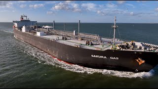 SAKURA GAS LPG TANKER Ship Houston Ship Channel Passing Texas City Dike 4K Drone Video