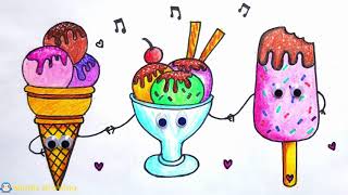 How To Draw Cute Ice Cream Cone, Bowl and Popsicle | Drawing and Coloring Ice Cream #LipsitaArt