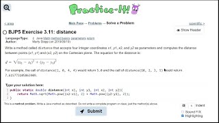 Java Practice It || 3.11 distance || method basics, parameters, return, math.