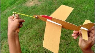 How to make a cardboard paper plane that can fly high||easy rubber band power airplane||paper toy