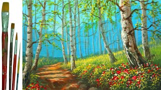 How to Paint Landscape with Birch Tree Forest and Flowers in Acrylic