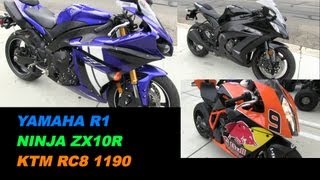 Yamaha R1, Kawasaki NINJA ZX10R \u0026 KTM RC8 1190  Review and Walk Around