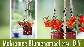 Makramee-Blumenampel mit 3 Strängen | mit dem halben Rippenknoten und Holzperlen | DIY Anleitung