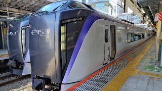 E353系 S102編成 臨時特急あずさ85号松本行が新宿駅11番線を静かに発車するシーン