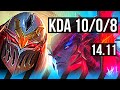 ZED vs YONE (MID) | 10/0/8, Legendary, 1100+ games | KR Challenger | 14.11