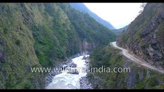 Driving to Gangotri on a narrow mountain road at Bukhi village, to the source of Ganges