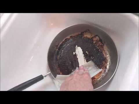 Removing burned-on food from a pan with a dryer sheet Removing burned-on food from a pan with a dryer sheet