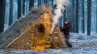 Building a Warm and Cozy Hut for Survival. Trout fishing., Secret Hut, Winter Bushcraft