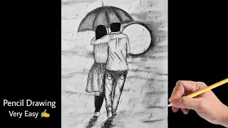 Couple drawing in rain | Pencil Drawing Couple sketch nature drawing umbrella rain drawing art