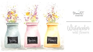 Watercolor wild flowers in colorful bottles + FREE sketch