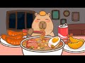 Capybara mukbang animation / ASMR / Ramen, sausage, fried shrimp and soda / Capy Capy