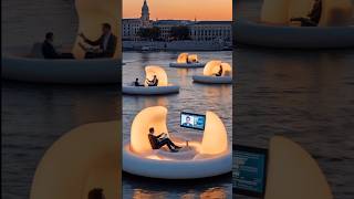 Serenity at Work: Floating Desk on a Tranquil Lake in the future #lifetech #relaxwork #niceview