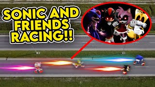DRONE CATCHES SONIC THE HEDGEHOG AND FRIENDS RACING!! (SONIC VS AMY ROSE VS TAILS VS SHADOW)